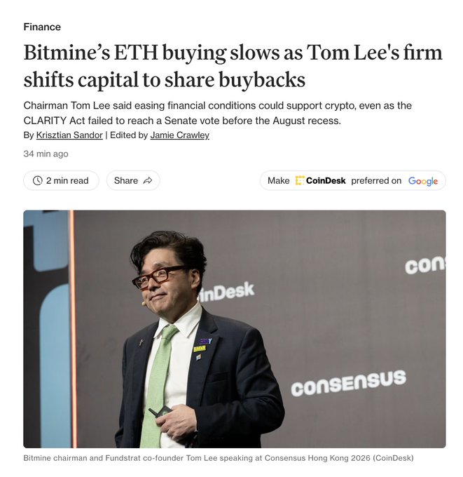 The image shows a CoinDesk Finance article titled "Bitmine's ETH buying slows as Tom Lee's firm shifts capital to share buybacks," featuring a photo of Bitmine chairman and Fundstrat co-founder Tom Lee speaking at Consensus Hong Kong 2026. The article relates to the news that Bitmine (BMNR) purchased only 7,391 ETH last week, its smallest weekly haul in 2026, as the company redirected capital toward share buybacks amid easing financial conditions.