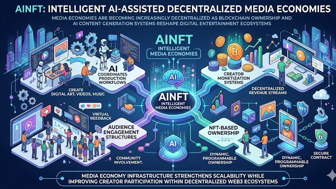 "AINFT intelligent AI-assisted decentralized media economies", "Media economies are becoming increasingly decentralized as blockchain ownership and AI content generation systems reshape how digital entertainment ecosystems operate", and "AINFT developing intelligent media economies where".