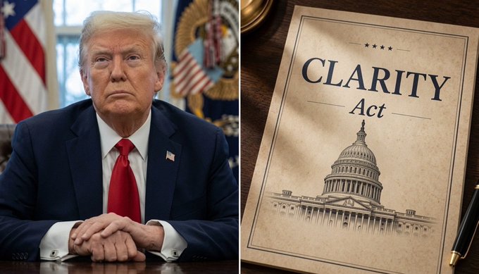 The image depicts President Trump alongside a document titled "CLARITY Act," suggesting his potential involvement or consideration of the legislation. This visual directly relates to the news of his evaluation of a bipartisan ethics proposal that could impact the CLARITY Act.