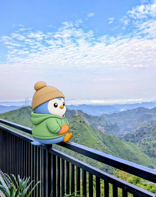 A cheerful cartoon penguin in a green hoodie and tan beanie sits on a mountain railing, gazing out over a vast, misty landscape of rolling green peaks—mirroring the post's patient, watchful optimism as Bitcoin climbs toward new highs. The serene overlook symbolizes a "stay consistent, watch and wait" mindset while markets pump.