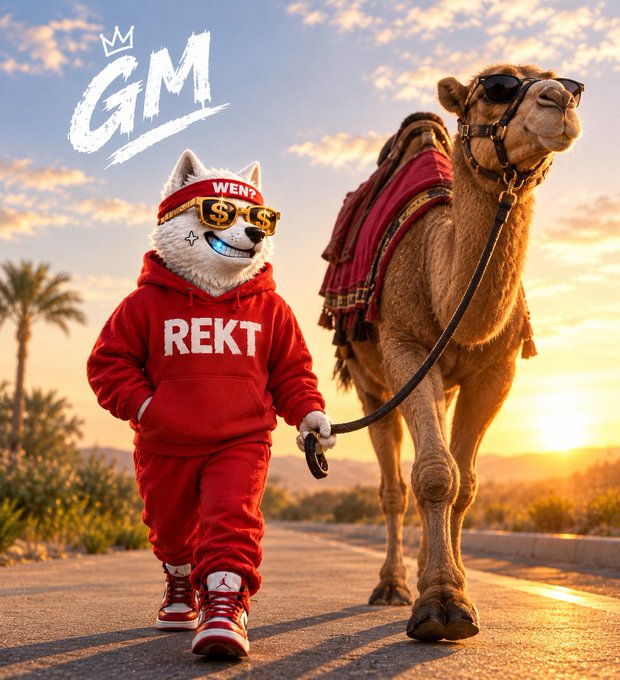 An AI-generated image of a white dog mascot wearing a red 'REKT' tracksuit and 'WEN2' sunglasses, walking a camel with 'GM' written above.