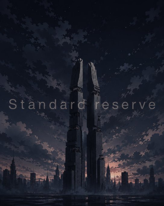 A dark, futuristic cityscape at night featuring a massive, twin-tower structure rising above the skyline, with the text 'Standard reserve' overlaid in the center.