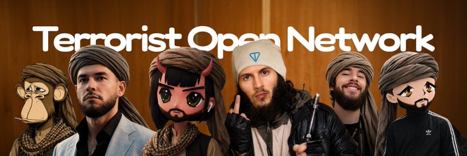 A parody thumbnail titled 'Terrorist Open Network' featuring YouTubers wearing turbans and a cartoon character with devil horns holding a rifle.