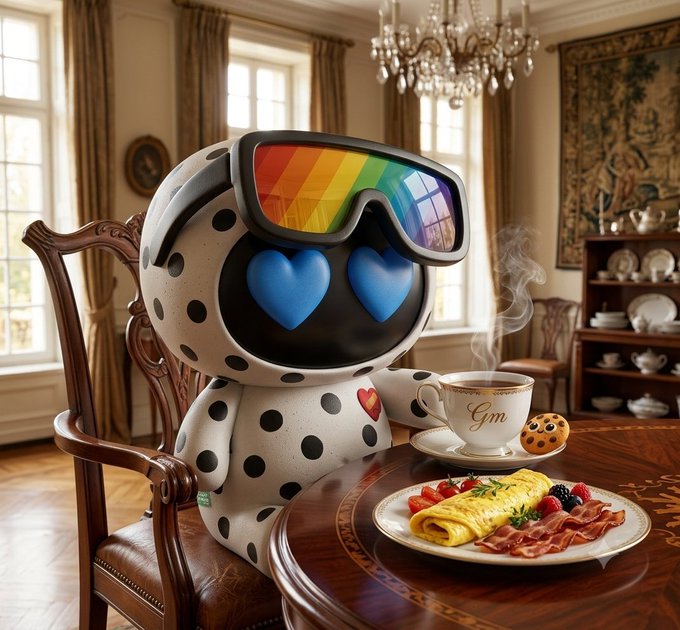 A whimsical 3D illustration of a polka-dotted robot with heart-shaped blue eyes wearing rainbow ski goggles, seated at an elegant dining table with a plate of breakfast food and a teacup labeled 'Gm'.