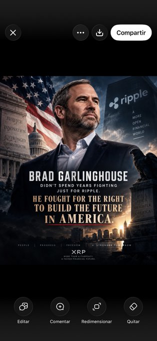 A promotional-style image features Brad Garlinghouse in a suit, set against a backdrop combining the U.S. Capitol building, an American flag, and Ripple branding. The bold text declares, "BRAD GARLINGHOUSE — DIDN'T SPEND YEARS FIGHTING JUST FOR RIPPLE. HE FOUGHT FOR THE RIGHT TO BUILD THE FUTURE IN AMERICA," directly reinforcing the accompanying post's message about his advocacy for innovation in America. At the bottom, the XRP logo appears with Ripple's core values of People, Progress, Purpose, Partnership, and Standard, along with its tagline about building a "more open, fair, financial world."