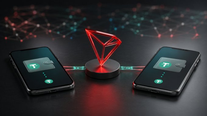 A 3D-rendered illustration of two smartphones with 'T' logos on their screens, connected by glowing digital lines to a central red crystal-like object on a circular platform, set against a dark background with a network pattern.