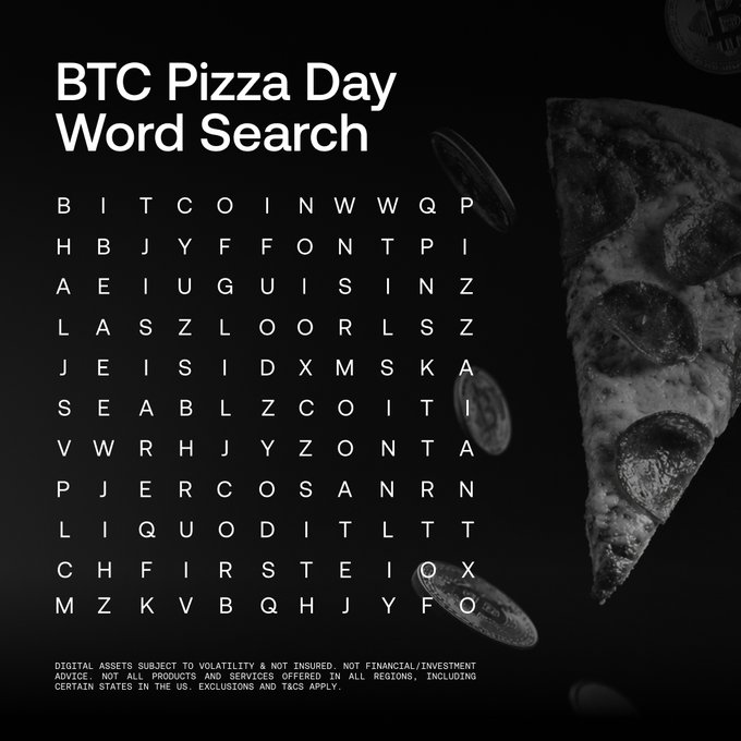 A black and white image of a pizza slice with pepperoni, accompanied by the text "BTC Pizza Day Word Search" and "Bitshares".
