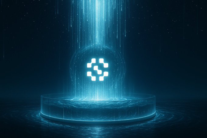A digital illustration of a glowing cyan Binance logo symbol hovering above a circular platform, with light beams and digital particles streaming down against a dark blue background.