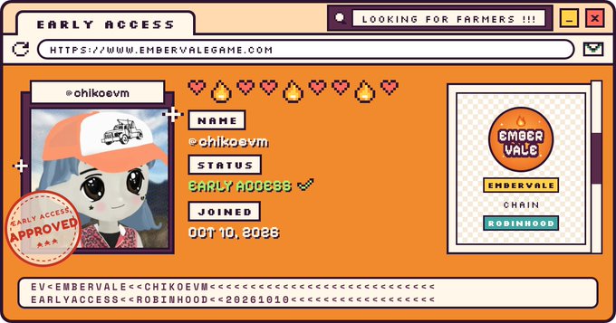 Pixel-art style 'Early Access' approval card for Embervale Game showing user @ohikoevm with 'Early Access' status, joined Oct 10, 2026, on the Robinhood chain, with a character avatar wearing a truck-themed cap.