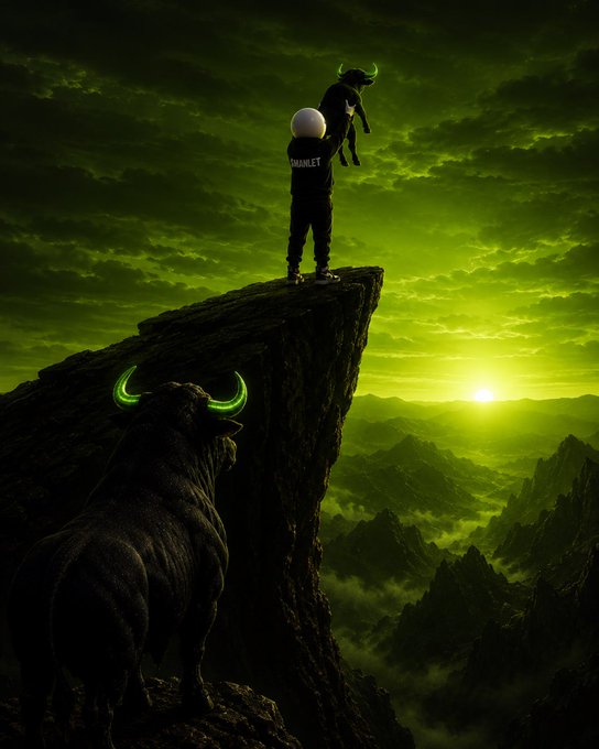 A figure in a "MANLET" shirt stands triumphantly on a cliff edge holding a small bull, while a larger bull with glowing green horns watches from below—visually symbolizing the "bulls back in control" theme as $ANSEM and $MANLET rally together. The eerie green-lit sky and rising sun reinforce the optimistic "stars aligning" market sentiment.