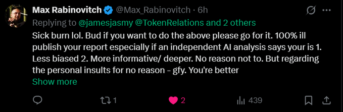 A tweet by Max Rabinovitch (@Max_Rabinovitch) replying to @jamesjasmy, @TokenRelations, and others, reading 'Sick burn lol. Bud if you want to do the above please go for it. 100% ill publish your report especially if an independent AI analysis says your is 1. Less biased 2. More informative/ deeper. No reason not to. But regarding the personal insults for no reason - gtfy. You're better' with 439 views.