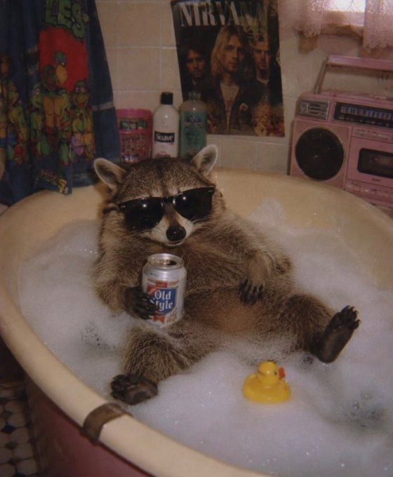 A humorous edited image showing a raccoon wearing sunglasses and sitting in a bubble bath while holding a can of Old Style beer, with a rubber duck nearby.