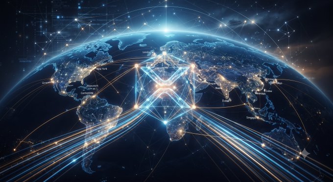Digital illustration of Earth viewed from space at night with a glowing hexagonal network overlay and data streams connecting various global cities.