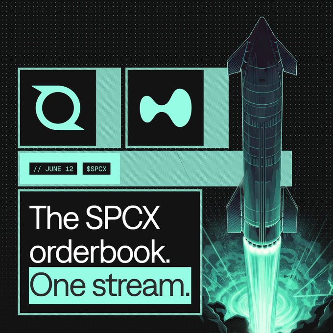 The image features a rocket ship with the text "SPCX" written above it, along with an arrow pointing towards it. The rocket appears to be launching into space or taking off from a launchpad. Below the rocket, there are three squares containing different logos and information about the SPCX orderbook. One of these squares has a green background that says "One Stream."