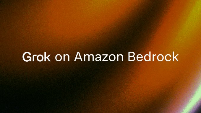 The image features a large orange background with white text that reads "Grok on Amazon Bedrock". The text is positioned centrally within the frame of the image. Below this, there's some additional information about Grok 4.3, which is an Amazon Web Services (AWS) service for developers. This post seems to be promoting the release of Grok and its availability on Amazon Bedrock.