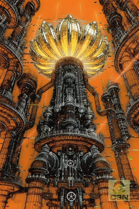 A complex, futuristic digital artwork depicts a massive mechanical tower with glowing yellow lotus-like petals against an orange sky, signed 'C3N' in the corner.