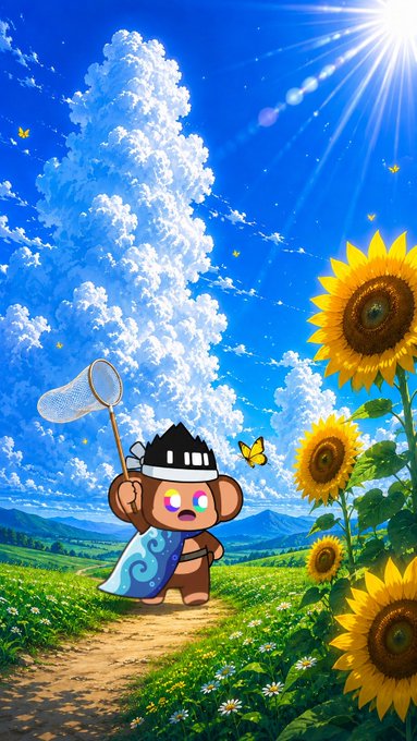 An animated illustration of a monkey wearing a headband and cape, holding a butterfly net on a path beside sunflowers under a bright blue sky.