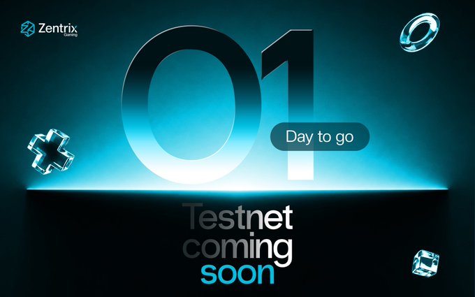 A promotional graphic for Zentrix showing '01 Day to go' with the text 'Testnet coming soon' over a dark teal background with floating 3D symbols.