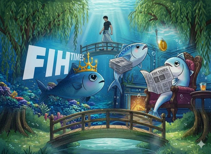A digital illustration featuring a person on a bridge with fish wearing crowns and reading 'FII TIMES' newspaper in an underwater setting.