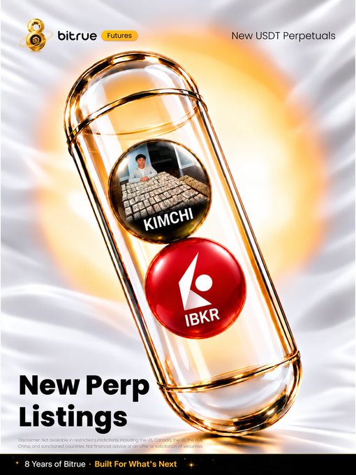 A Bitrue Futures promotional graphic announces "New Perp Listings" of $KIMCHI (Aura Final Boss, a community-based Solana token) and $IBKR, with both tokens displayed inside a capsule and the header noting "New USDT Perpetuals" under Bitrue's 8th anniversary banner.
