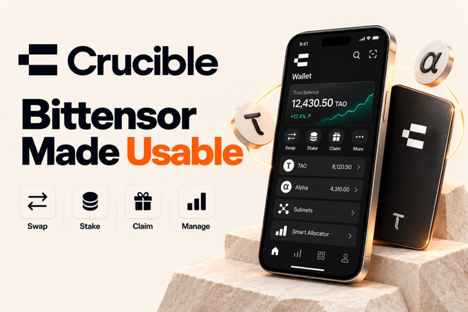 The image is a promotional graphic for Crucible Wallet, showing a smartphone displaying a wallet interface with a Total Balance of 12,430.50 TAO and a +12.4% growth indicator, alongside feature icons for Swap, Stake, Claim, and Manage. The bold text "Bittensor Made Usable" reinforces the post's message about making the Bittensor (TAO) ecosystem accessible through this non-custodial, mobile-friendly wallet, with a physical hardware wallet also pictured as a backup option.