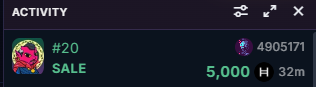 Cryptocurrency activity feed showing an NFT (#120) listed for sale at 5,000 with a floor price of 32m, and another item (#906171) priced at 4,906,171.