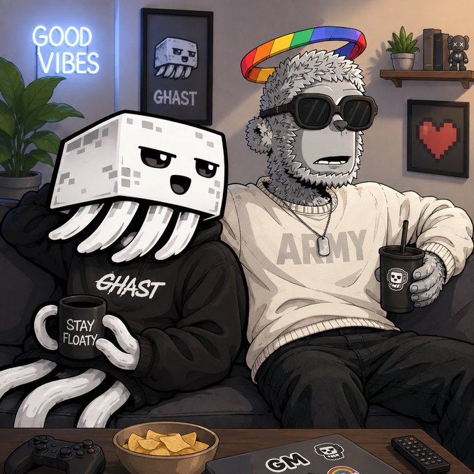 An illustrated image shows a Ghast (ghost-like cube character) wearing a 'GHAST' hoodie and holding a 'STAY FLOATY' mug, sitting next to a furry character with sunglasses, a rainbow halo, and an 'ARMY' sweatshirt holding a black mug, in a room decorated with a 'GOOD VIBES' neon sign and a heart picture.