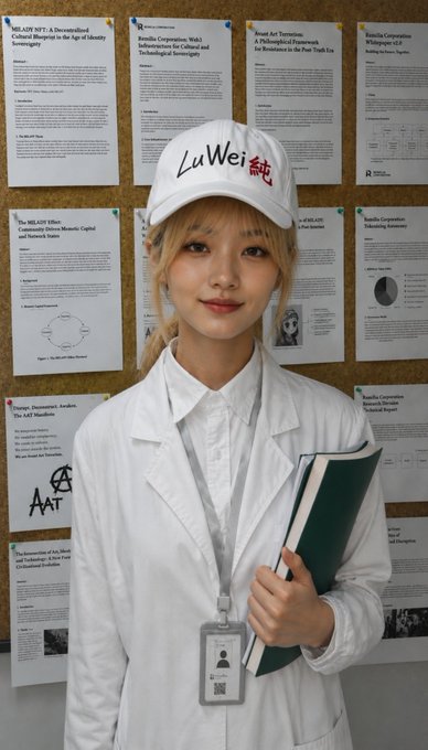 A young woman wearing a white "LuWei" cap and a white lab coat with a lanyard, standing in front of a corkboard covered with academic papers and posters.
