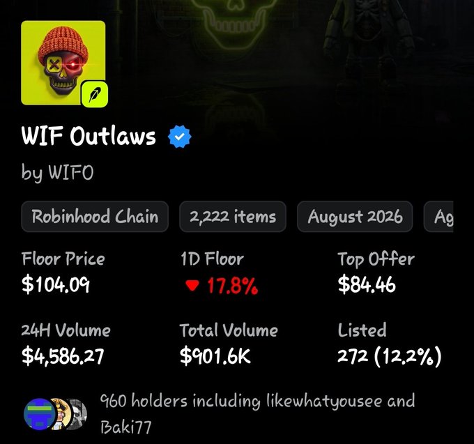 An NFT collection page for 'WIF Outlaws by WIFO' on Robinhood Chain showing 2,222 items, with a floor price of $104.09 (17.8% 1D drop), 24H Volume of $4,586.27, and 960 holders.