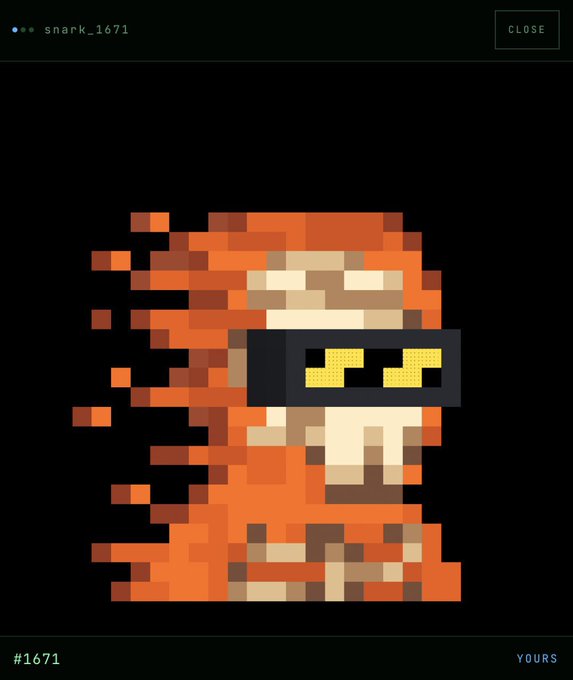 A pixel art image shows an orange, monkey-like character with yellow sunglasses in motion, displayed on a screen with the username 'snark_1671' and number '#1671'.