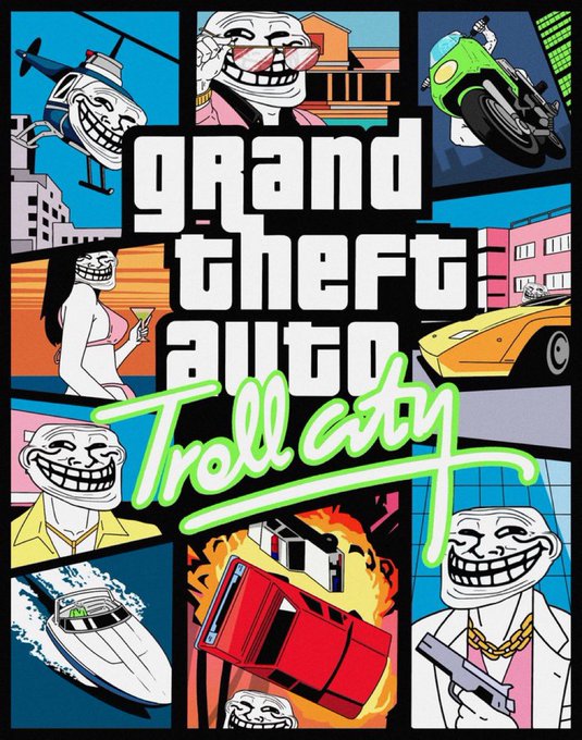 The image features a cartoon-style poster for the game Grand Theft Auto V, which includes various characters from the game such as a woman with a green car, a man holding a gun, and a woman riding a motorcycle. The poster also includes a humorous message that reads "GM Especially if you say it back $TROLL". This post seems to be promoting or critiquing the game based on the cartoon-style illustration and the accompanying message.