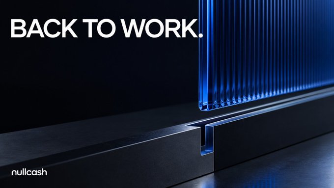 A sleek advertisement with the text 'BACK TO WORK.' next to a blue ribbed panel, with the 'nullcash' logo in the bottom left corner.