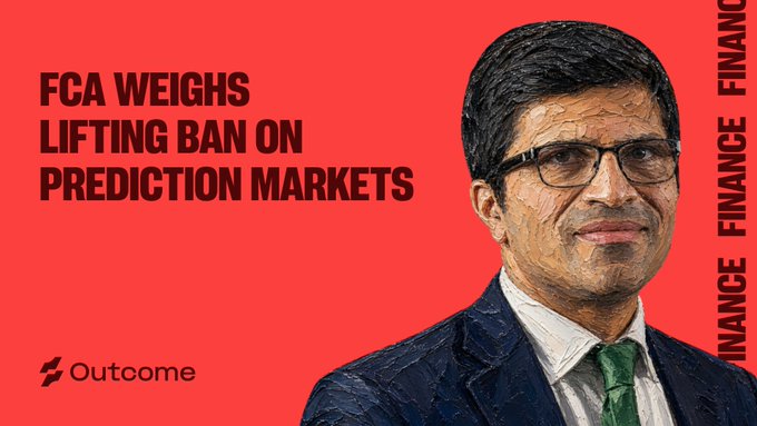 A news-style graphic with a red background featuring a portrait of a man in a suit and glasses, with the headline 'FCA WEIGHS LIFTING BAN ON PREDICTION MARKETS' and an 'Outcome' logo.