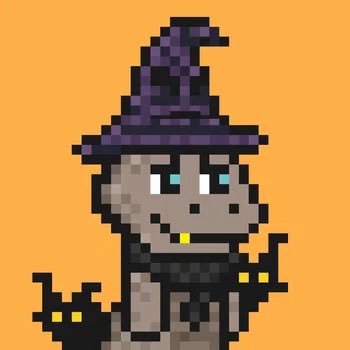 A pixel art character of a dog wearing a purple witch hat and a black cape with yellow eyes, set against an orange background.