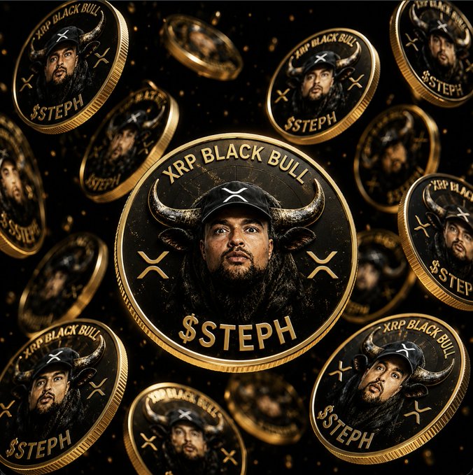 A cluster of gold and black commemorative coins featuring a bearded man's face between bull horns, emblazoned with "XRP BLACK BULL" and "$STEPH," visually reinforces the promotional post's branding for the $STEPH token, signaling bullish momentum with the caption "THE BULL IS HERE."