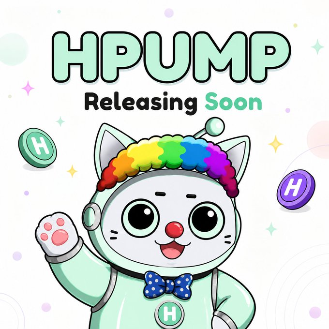 A promotional graphic for 'HPUMP' reading 'Releasing Soon', featuring a cartoon white cat mascot wearing a rainbow afro wig and a blue polka-dot bow tie, surrounded by 'H' coins.