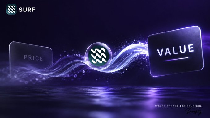 A digital promotional graphic displays the 'SURF' logo with two cards labeled 'PRICE' and 'VALUE' connected by a glowing purple wave, featuring the tagline 'Waves change the equation.'