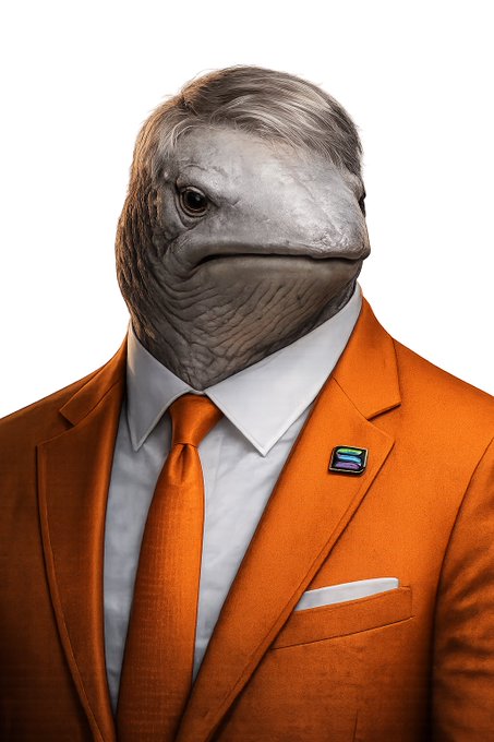 A surreal portrait depicts a figure with a dolphin's head wearing a vibrant orange suit, white shirt, orange tie, and a white pocket square, accented by a small rectangular lapel pin. The image's aquatic theme cleverly ties to the accompanying post's request to "get WHALEish" on SatRushIO, evoking the playful whale mascot style commonly associated with cryptocurrency branding.