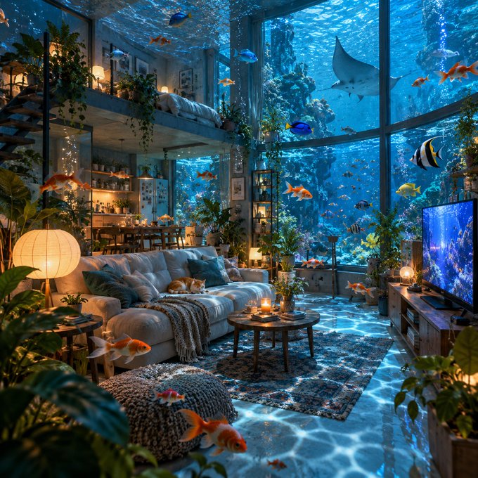 A fantasy living room features panoramic underwater views where fish swim alongside goldfish outside the windows, creating an immersive aquatic environment with cozy furnishings.