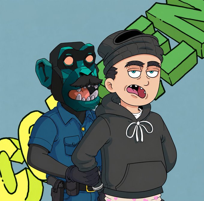 A cartoon illustration shows a green-masked "Primate" character handcuffing a weary-looking Conman wearing a black beanie and hoodie, visually representing the post's announcement that Primates has caught a Conman and is confiscating 20 OG roles and 25 FCFS roles for an upcoming mint giveaway.