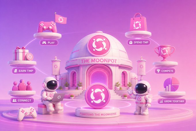 A pink-themed 3D illustration for 'THE MOONPOT' platform, showing astronauts, a gaming console, and various options like 'PLAY', 'EARN TMP', and 'CONNECT'.