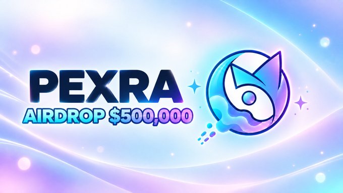 A stylized graphic promoting "PEXRA AIRDROP $500,000" features the PEXRA logo—a blue and purple astronaut mask character—against a dreamy pastel background of swirling lights and sparkles, visually reinforcing the promotional claim of a token airdrop with upcoming exchange listings.