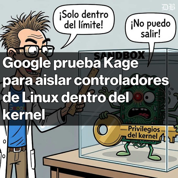 A cartoon image with Spanish text 'Google prueba Kage para aislar controladores de Linux dentro del kernel' showing a developer holding a ruler next to a sandboxed green circuit-board creature holding a 'Privilegios del kernel' key, with speech bubbles reading '¡Solo dentro del límite!' and '¡No puedo salir!'.