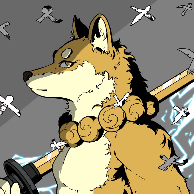 A stoic anthropomorphic fox with tan and white fur, wearing large beaded prayer beads around its neck, stands in profile holding a katana as blades and bolts fly through the air around it, with blue lightning crackling in the background, projecting a fierce, battle-ready aura that complements the post's warning about an impending surge of money flowing into the $KENDU meme coin.