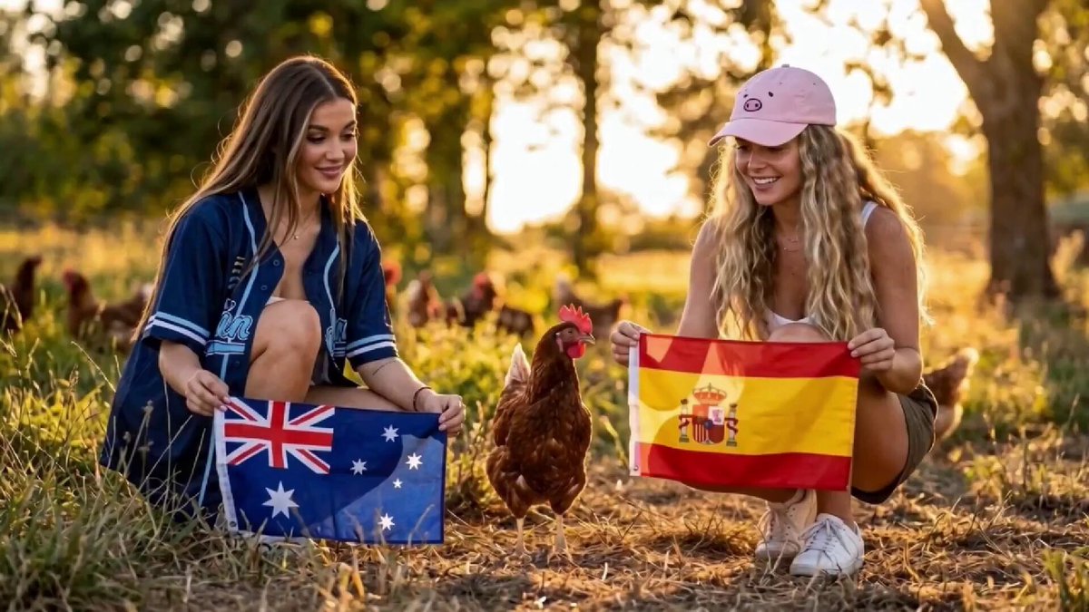 The image features two women kneeling down next to each other, both holding flags - one of which has a chicken on it. The woman on the left is wearing a blue shirt with a white design, while the woman on the right is wearing a pink hat. They are in front of a flock of chickens that can be seen pecking at the ground nearby. In the background, there's a tree and some grass, creating an outdoor setting for this scene. The image also contains text related to predicting the World Cup, possibly indicating a contest or event involving the prediction of the outcome of the World Cup.