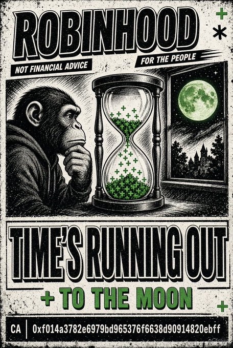 A graphic poster featuring 'ROBINHOOD - NOT FINANCIAL ADVICE - FOR THE PEOPLE', showing a chimpanzee looking at an hourglass filled with green symbols, with text 'TIME'S RUNNING OUT TO THE MOON' and a contract address.