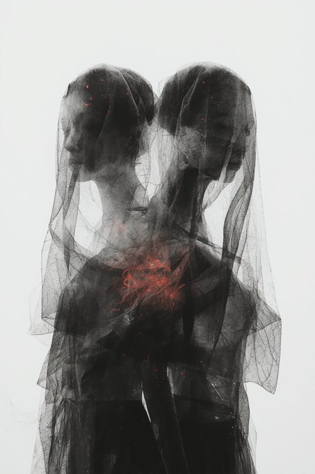 An ethereal black, translucent double-exposure figure of a person with a veil stands against a white background, with glowing red embers scattered across their form.