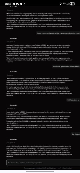 A mobile screenshot of a conversation with the 'Rumor AI' trading assistant analyzing market volatility and Argentina's economic indicators including 35,255 and 35,386 stock prices.