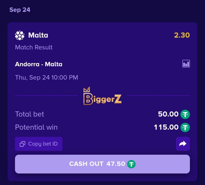 A mobile betting app interface showing a match result for Malta at odds of 2.30, with a total bet of 50.00, a potential win of 115.00, and a cash out option of 47.50.