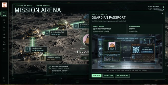 A sci-fi game or app interface titled "MISSION ARENA" showing a lunar base with locations like "MISSION BASE" and "COMMAND CENTER," alongside a "GUARDIAN PASSPORT" pop-up featuring an "OPERATOR DAVE CONE" with an X-IDENTITY CARD and QR code.